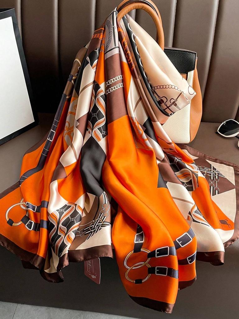 1pc Orange Retro Colorblock Patchwork Printed Faux Silk 90*180cm Long Scarf,