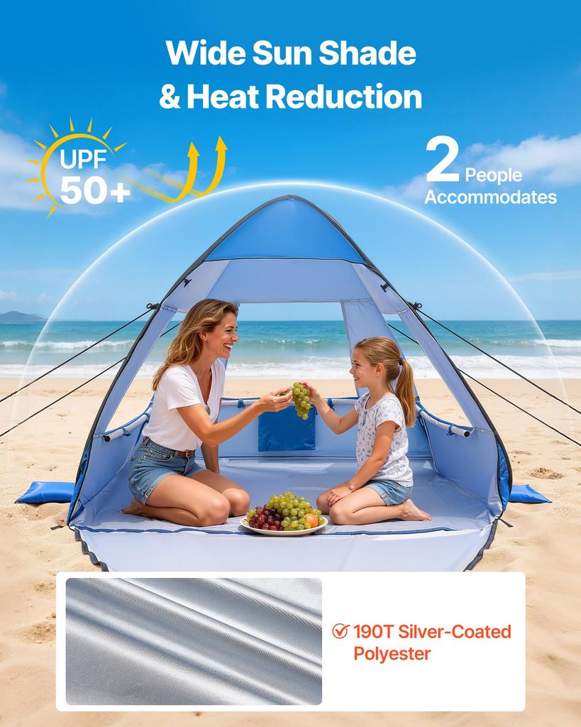 VEVOR Beach Tent Sun Shelter for 2 Person, UPF 50+ Protection, Portable Sun Shade Canopy with Carrying Bag & Sand Pockets