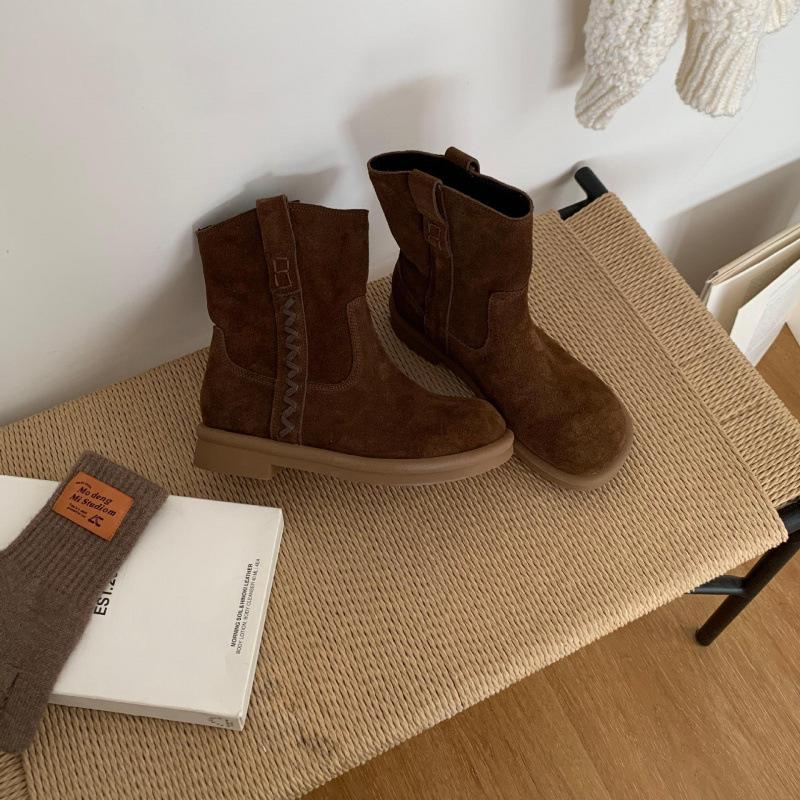 

European 2025 autumn and winter new matte foot boots round head flat bottom casual Martin boots Chelsea boots women s shoes 39 темно-коричневого