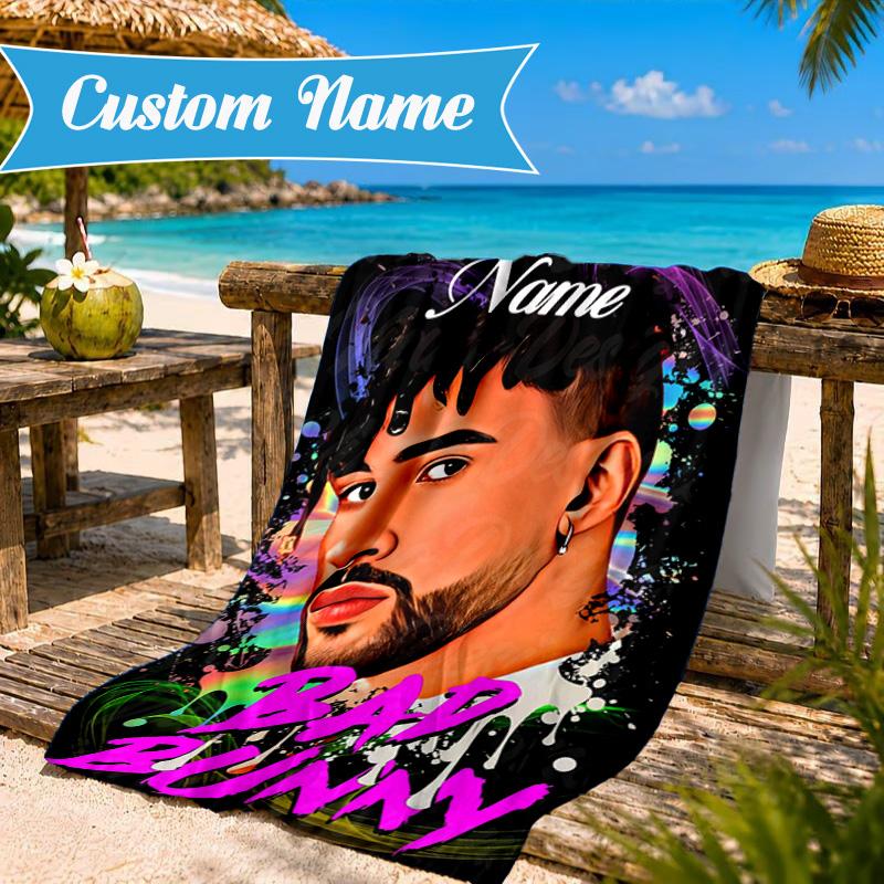 Custom Name Beach Towel Heart Bad Bunny Journal Microfiber Beach Towel, Lightweight for Summer Travel, Swimming Pool Fan Birthday Gift