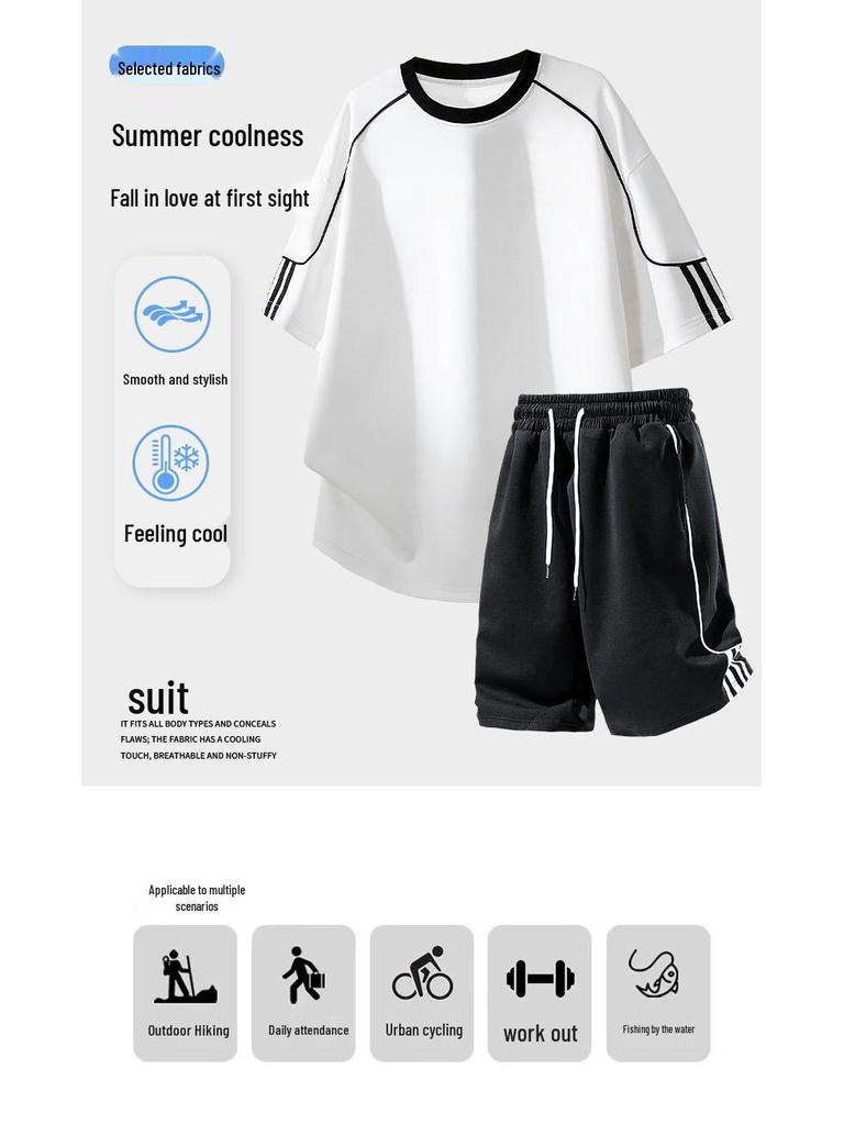 Ice-Cool Cotton Men's Two-Piece Set: Short-Sleeve T-Shirt & Five-Point Pants, Summer 2026 New Style, Casual Sportswear for Students