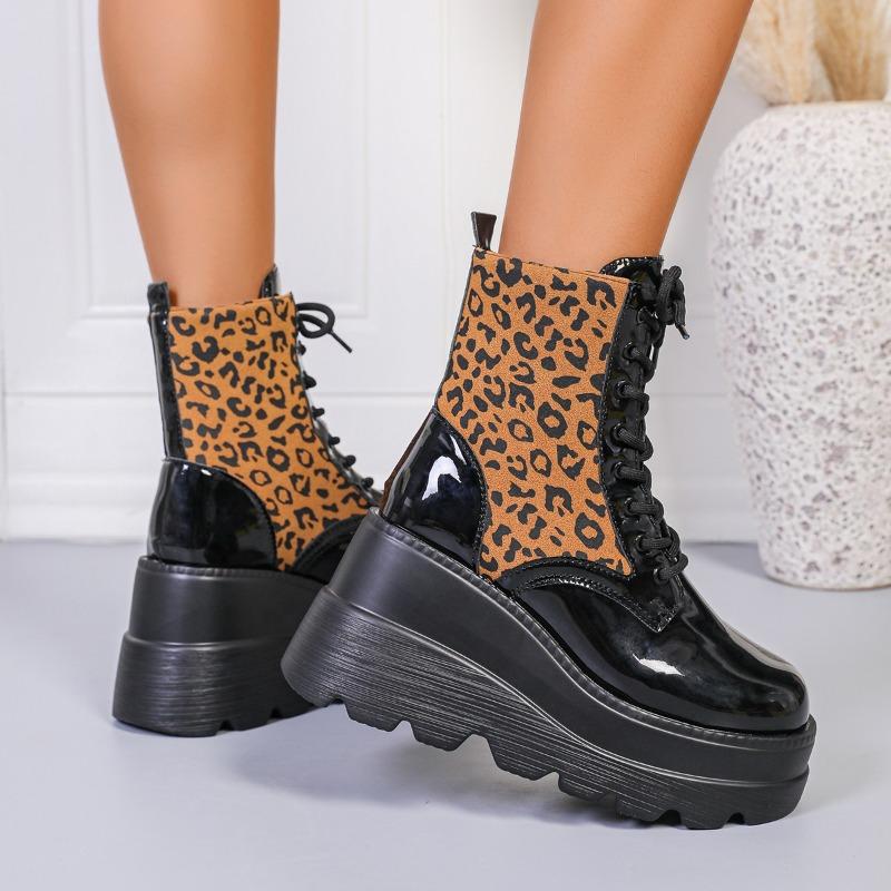 Fashion Leopard Color Block Single Boots Women's Fashion Round Toe Platform Lace-Up Front Non-Slip Wear-Resistant Wedge Booties