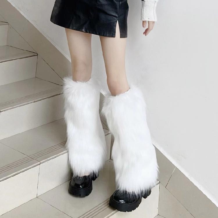 Damskie Zimowe Gładkie Futrzane Ocieplacze na Nogi Skarpety Harajuku Gotyckie Legginsy Mankiety do Butów