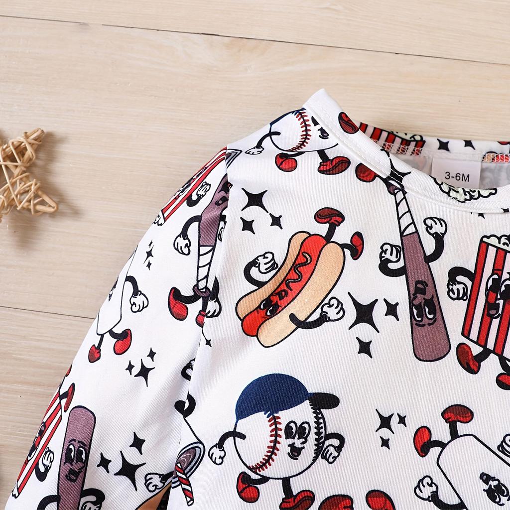 Baby Cute Baseball Pattern Print Romper Long Sleeve Jumpsuit