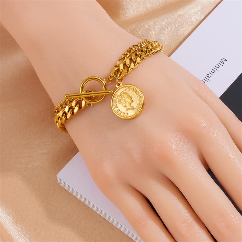 DIEYURO 316L Stainless Steel Portrait Charm Bracelet Womens Fashion Gold-plated Wrist Chain Jewelry Party Gift pulseras mujer