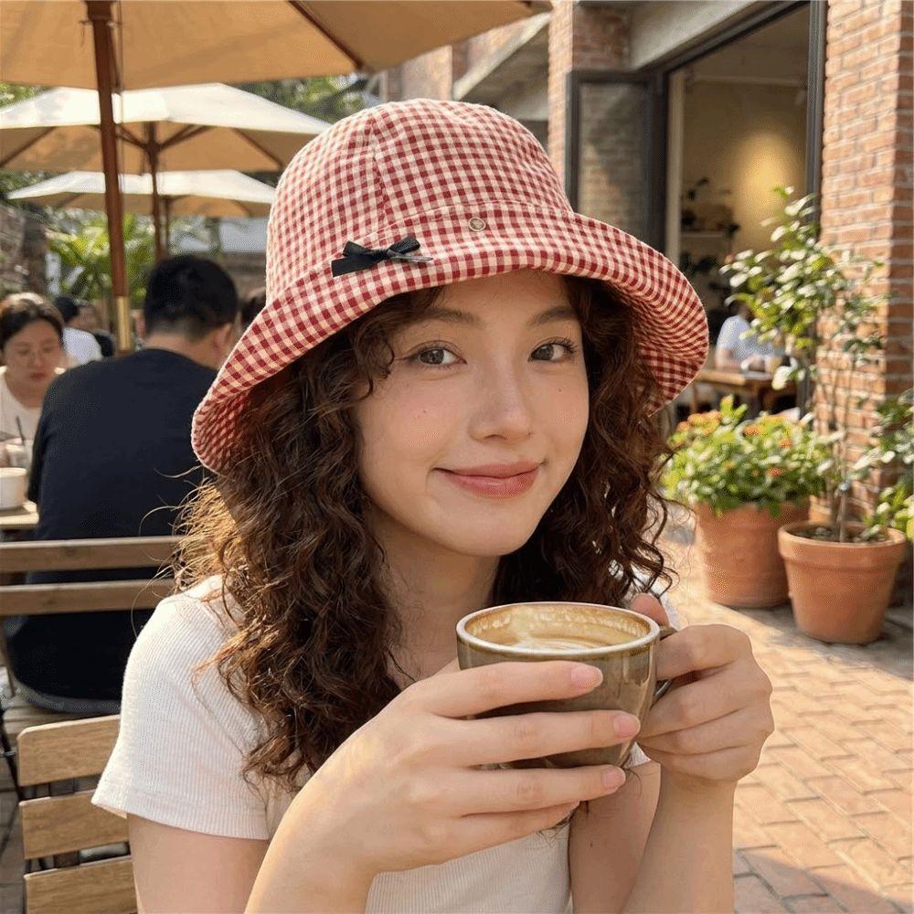 Gingham Check Plaid Bucket Hat Casual Fisherman Hat Stylish Wide Brim Sun Hat Beach