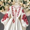 Fashion Retro Floral Print Midi Dress Women Elegant National Style Loose Vintage Party One Piece Dress Female Design