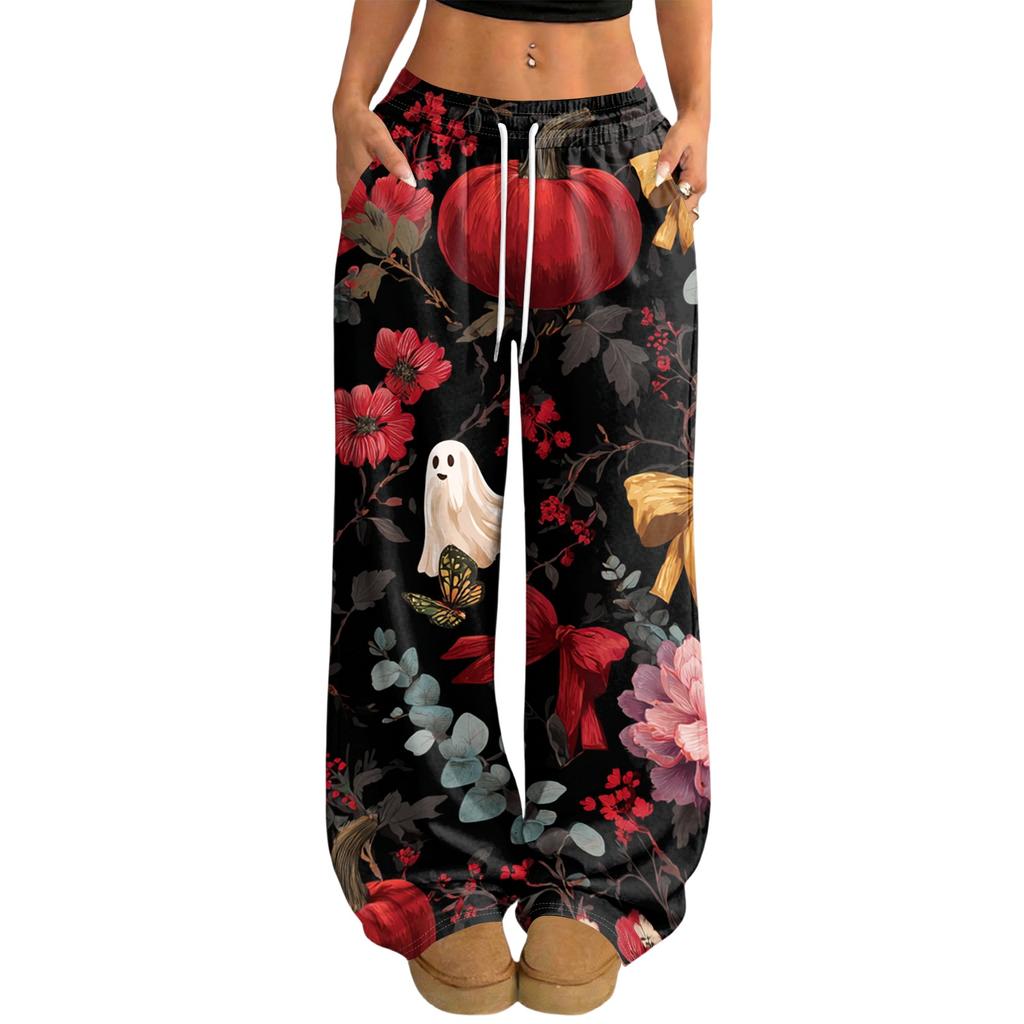 Women's Casual Halloween Print Wide Leg Pants with Elastic Waist and Drawstring for Loose Fit