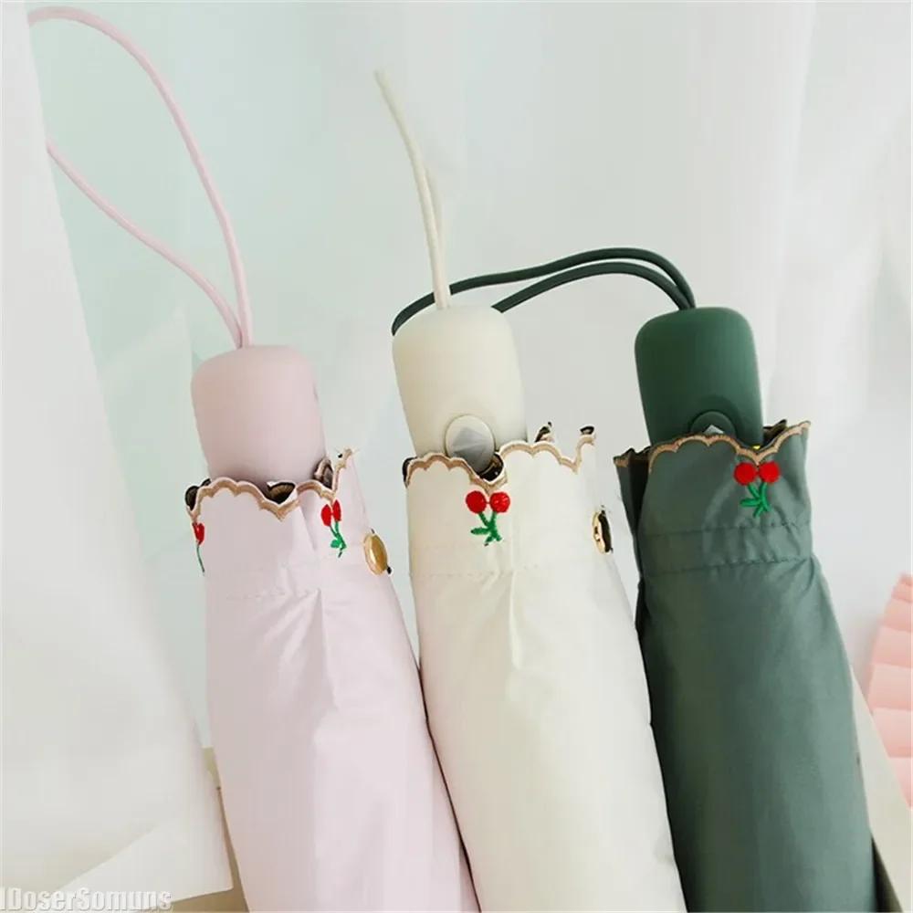 Embroidered Lace Three-Folding Automatic Umbrella Vinyl UV Protection Sunny and Rainy Dual Use Parasol Sun Shade Umbrella