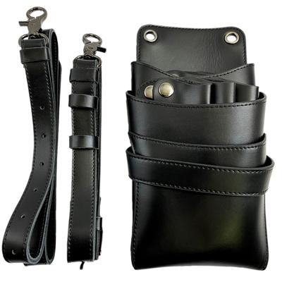 RANA DE CRISTAL Cuero Genuino Tijera Tijera Soporte con Tijera Removible para Peluqueros y Estuches para Recortadoras, Compartimento de 5 Ranuras, Negro,