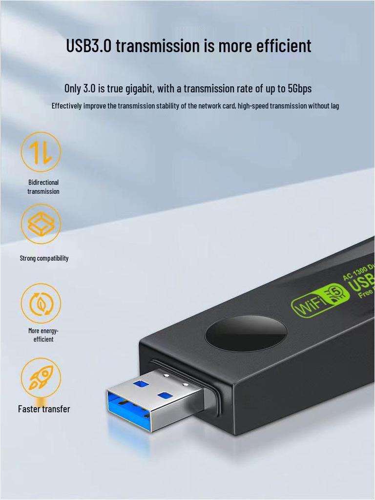 1300M Dual-Band Wireless Network Adapter 5G - Plug & Play for Laptop/Desktop
