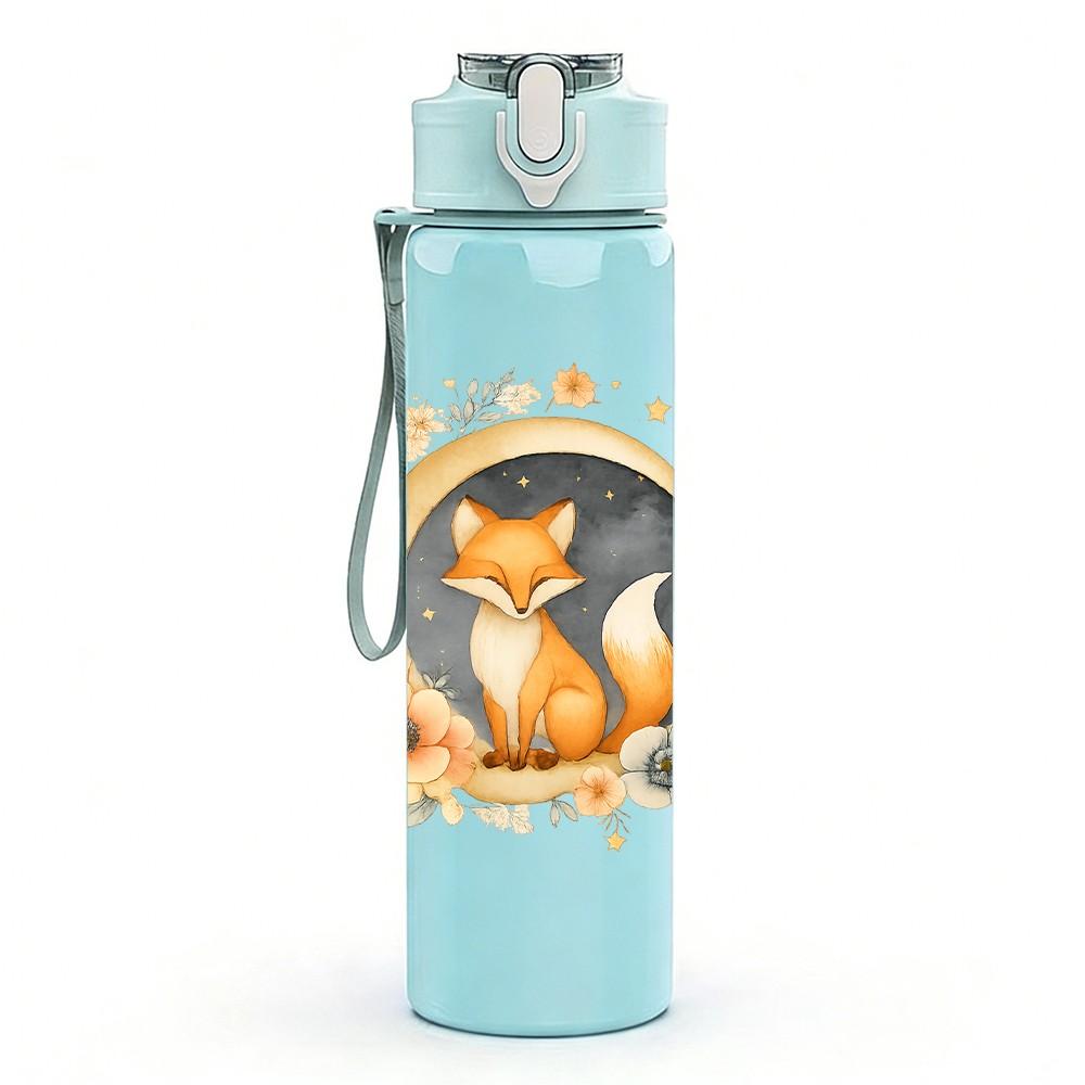 1PC Moon Wreath Fox Portrait 750ml Color Plastic Sports Water Bottle Leakproof Flip Straw Lid Suitable for Sports Office Home Use