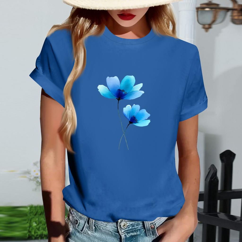 Damen Modisches Rundhals Casual Retro Print Kurzarm T-Shirt Top