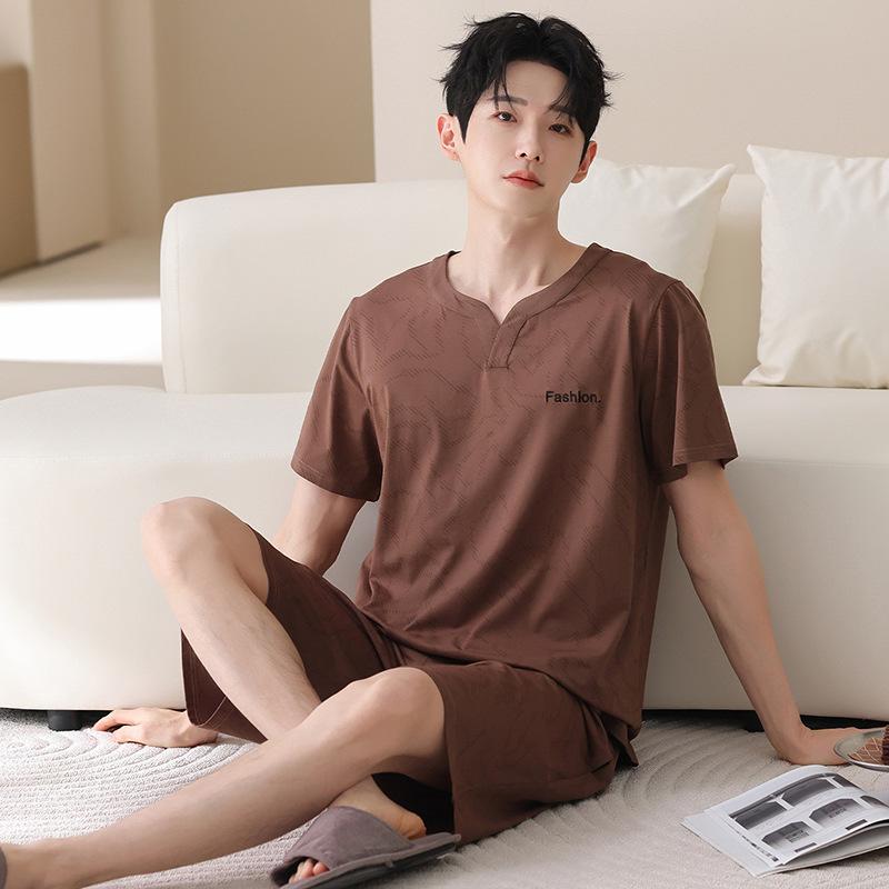 Lyocell cotton men's pajamas summer thin short-sleeved five-point pants suit casual teen men's loungewear can be worn outside