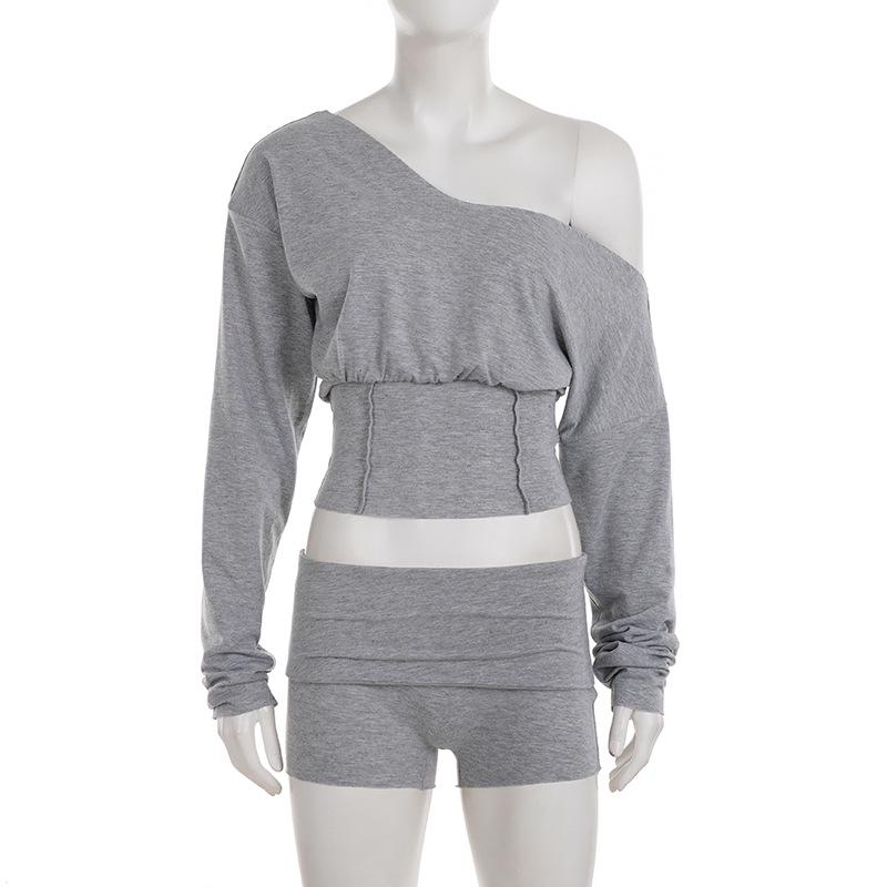 American Casual Off-Shoulder Long-Sleeve Hoodie Waist-Cinched Sportswear Set