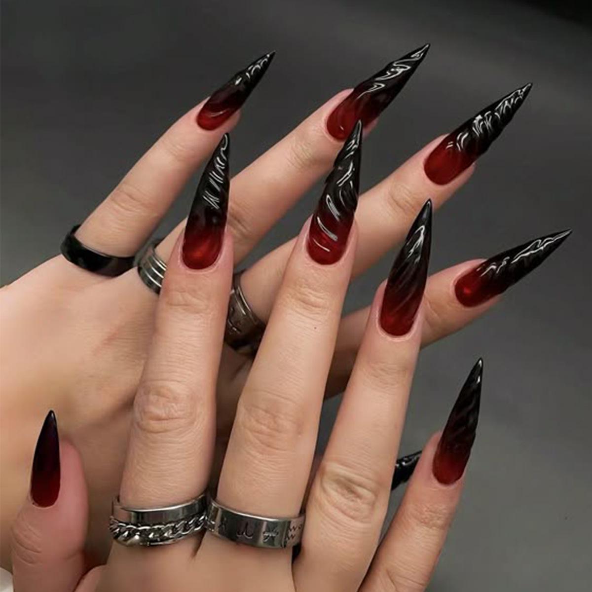 3D Stereoscopic Marbled Gradient Wearable Fake Nails, Long Pointed Red and Black Nail Tips - 24 Pieces Glue Adhesive
