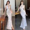 Cheongsam Evening Dress Sexy Deep Neck Hollow Low Cut Sleeveless Backless Thin Temperament Lady Dress