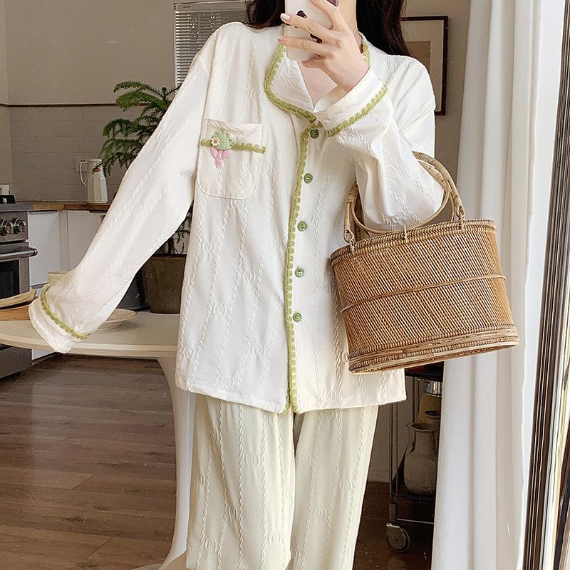

T Spring and Autumn new knitted simple Korean version loose with chest pad set comfortable V-neck cardigan pajamas women s loungewear M
