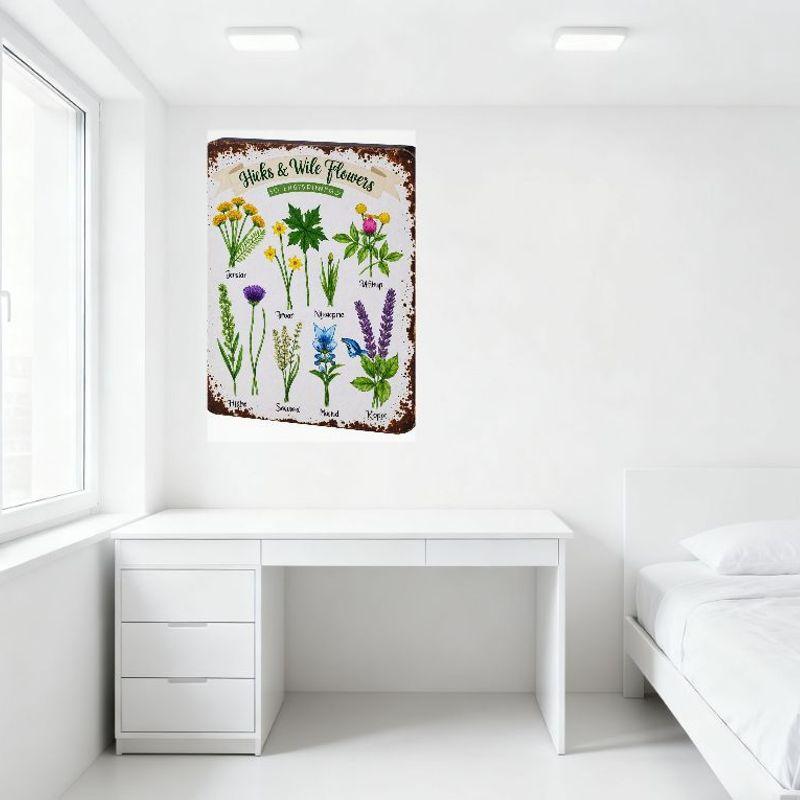 Hicks & Wile Flowers 50 English Species Vintage Metal Tin Sign with Illustrated Wildflowers, Antique Distressed Plaque for Home