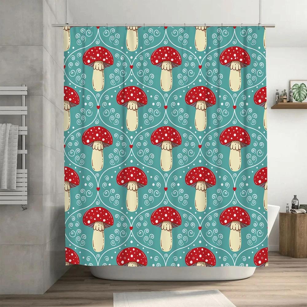 Red White Mushroom Pattern Bathroom Shower Curtain Turquoise Blue Fabric Decorative Waterproof Bath Mat Cover Home Decor