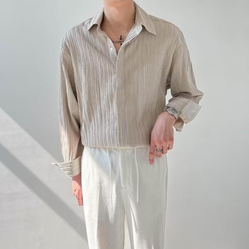 Korean-Style Textured Striped Long-Sleeve Casual Men's Shirt - Non-Iron, Trendy Autumnwear