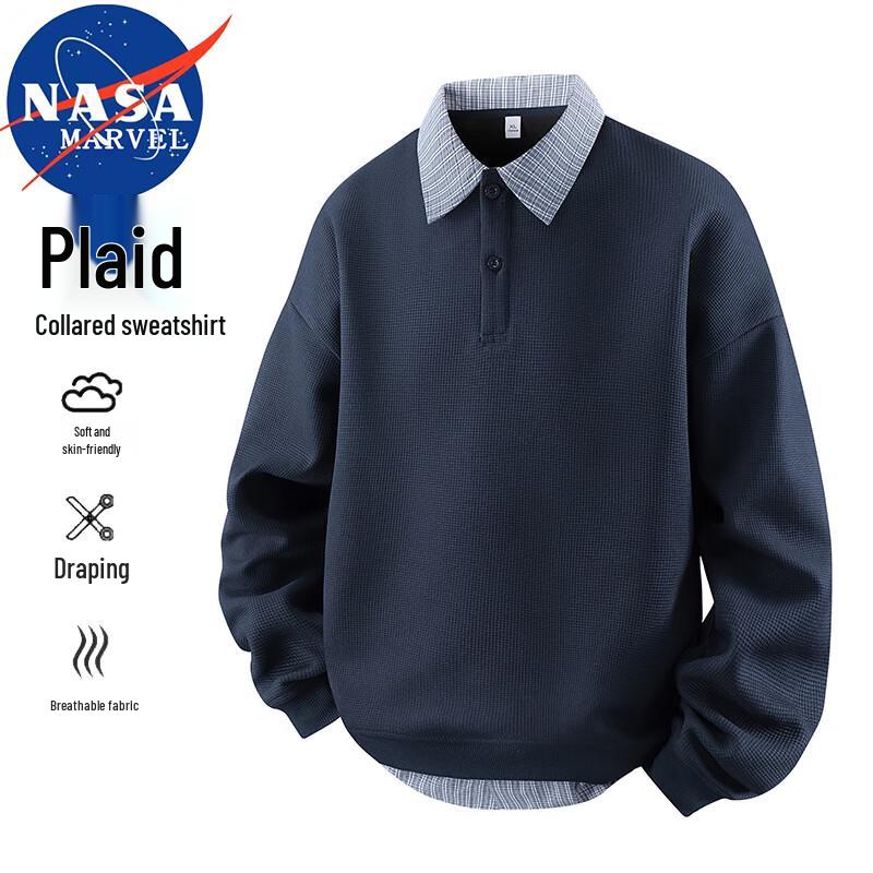 

NASA MARVEL Men s Plaid Lapel Fake Two-Piece Sweatshirt 3XL