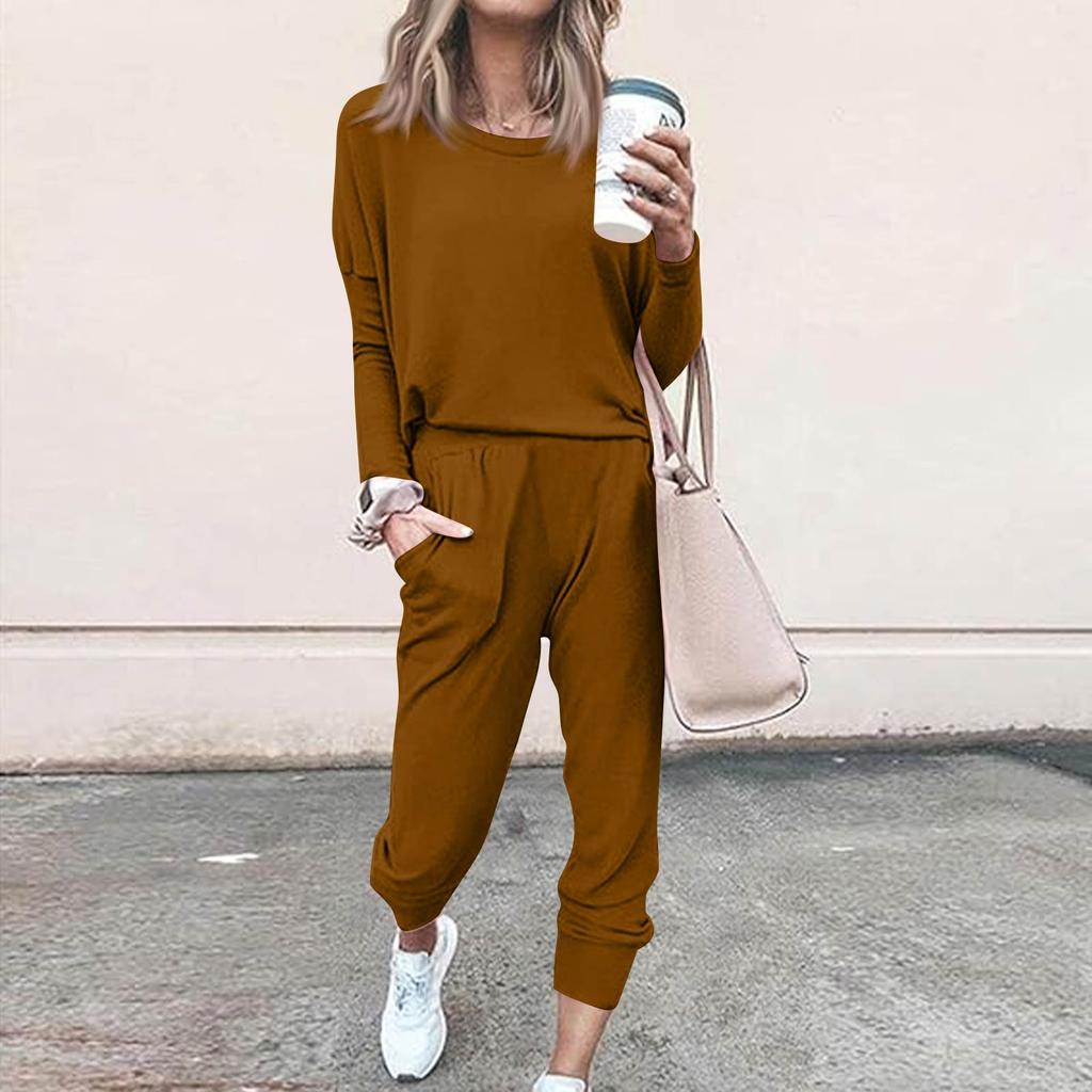 Sets For Women 2 Piece Round Neck Long Sleeve Shirts Colid Sweatpants Pocket Sets