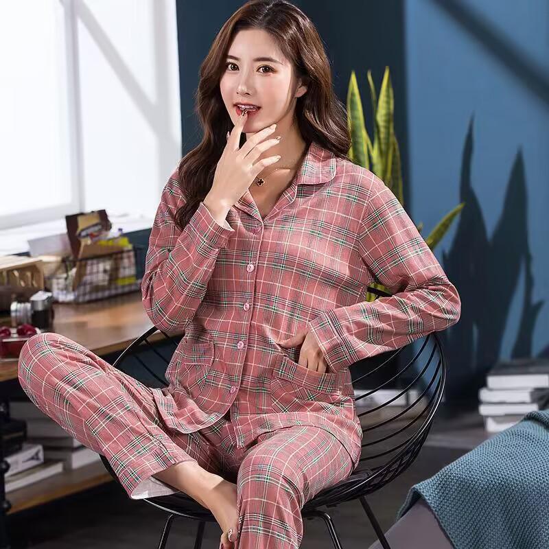 Damen Übergröße Baumwoll-Cardigan-Pyjama-Set - Langärmlig, Zweiteilig, Perfekt für Herbst/Frühling