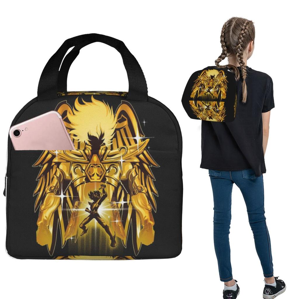 Knights Of The Zodiac Pegasus Gold Insulated Lunch Bag for Women Kids Leakproof Food Boxes Thermal Lunch Box Tote