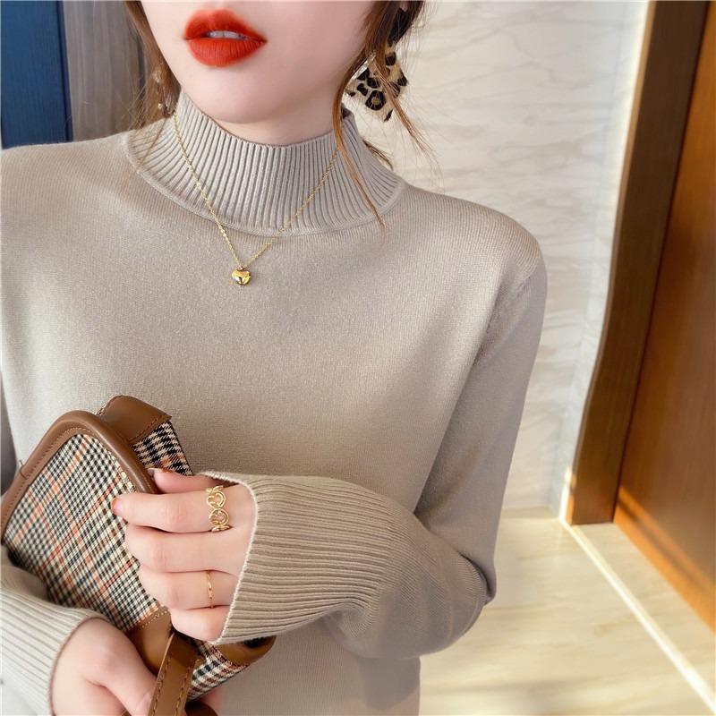 Autumn and Winter Pullovers Sweaters Women Fashion Loose Half High Neck Base Women Knitted Sweater Tops Elegant Solid Simple Ladies Knit Jumper 25730