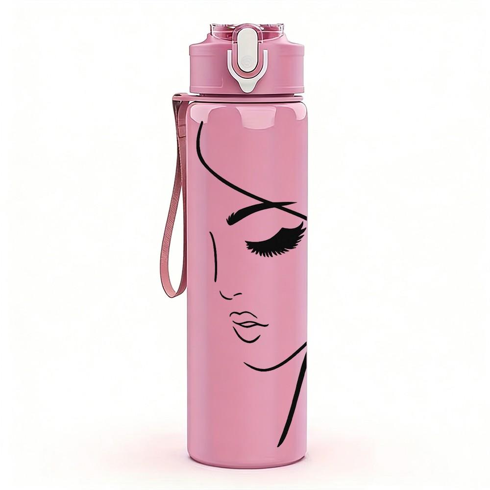 1PC Lady Face Profile Minimal Line Art Print 750ml Color Plastic Sports Water Bottle Leakproof Flip Straw Lid Suitable for Sports Office Home Use