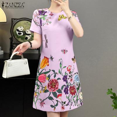 Damen Lässig Rundhals Sommer Kurzarm Print Kleid