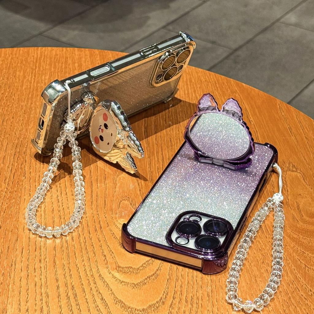 Cute Cartoon Mirror Phone Holder Glitter Gradient Plating Phone Case Cover for iPhone 17 16 15 14 13 12 11 Pro Max Plus Air