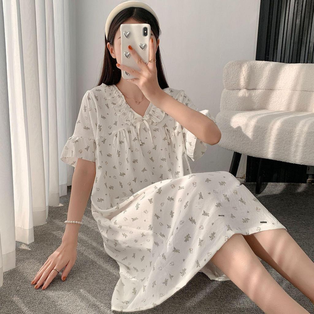 Cloud Cotton Summer Pajama Dress - Women's Short Sleeve Sweet Girl Print Homewear