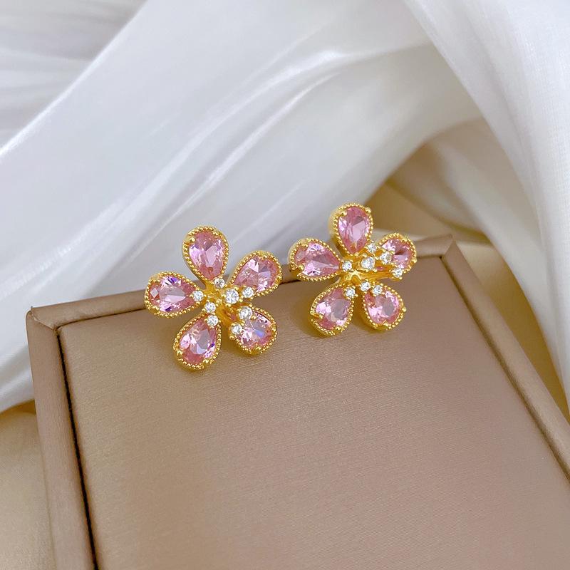 Exquisite Fashion Micro-painted Cute Pink Charm Flower Necklace Earring Set Classic Girls Evening Stainless Steel Accessories