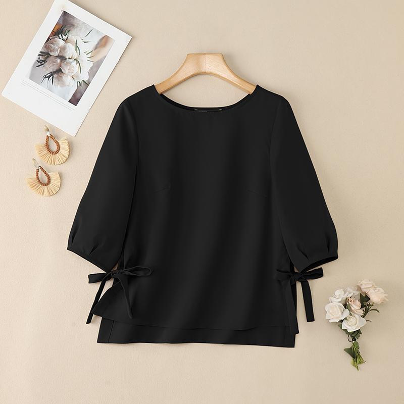 

ZANZEA Женская повседневная блузка с круглым вырезом, однотонная, с рукавами 3/4 S чёрный