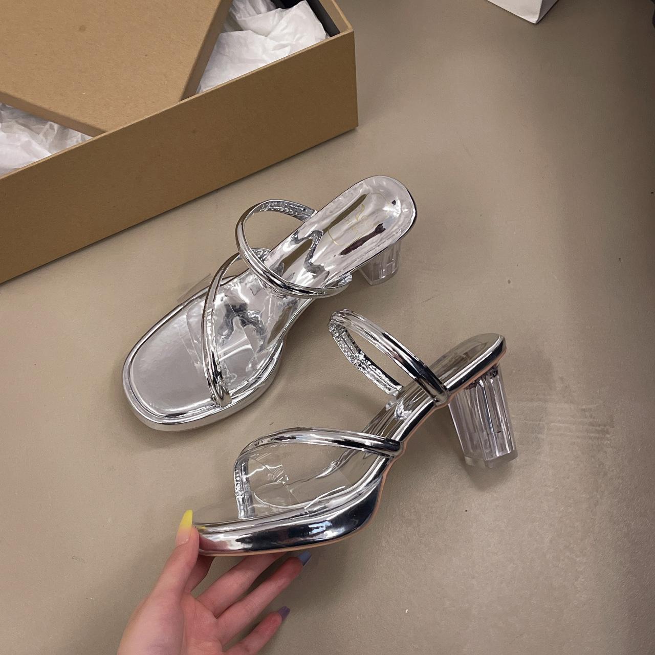 

Premium high-heeled sandals summer new transparent one-word strap wear thick crystal thick-soled cool slippers women 42 серебряный