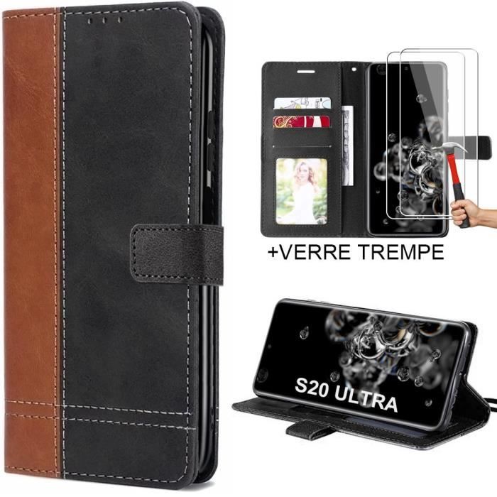 Coque à rabat pour samsung s20 ultra - coque synthécuir elegant noir-marron + 2 verres trempés