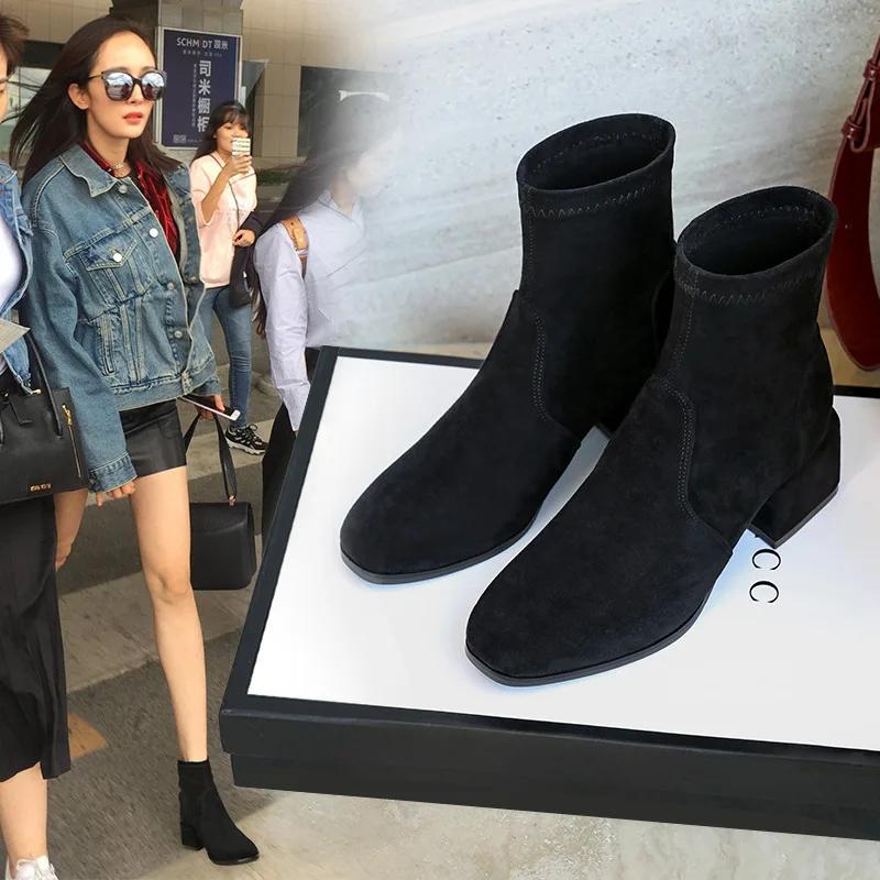 Suede Winter Shoes Thick Heel Side Zip Comfort Women's Ankle Boots 2024 Elegant Black High Heels Office Women Boots32-43