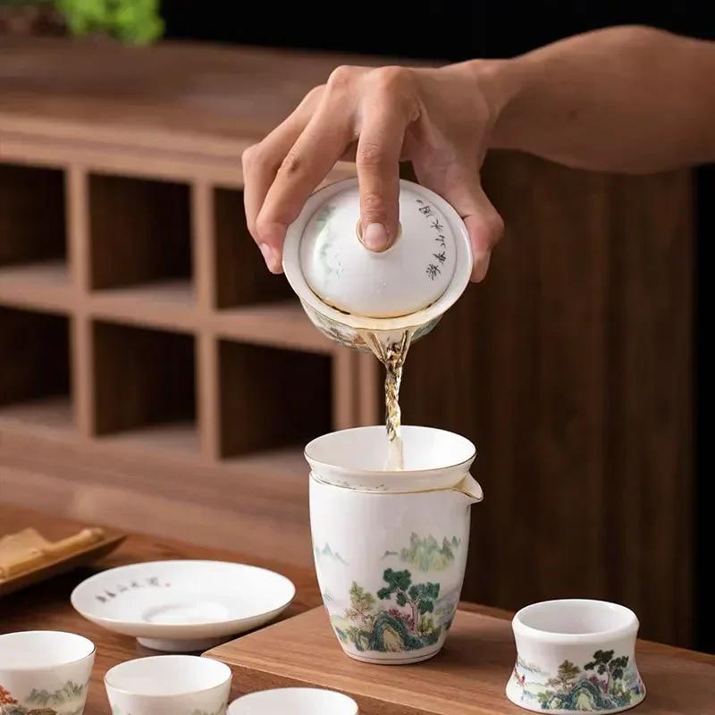 9 Pcs/set Chinese Ceramic Tea Set Exquisite Hand-painted Flower and Bird Pattern Porcelain Teapot Handmade Kettle Teacup Teaware