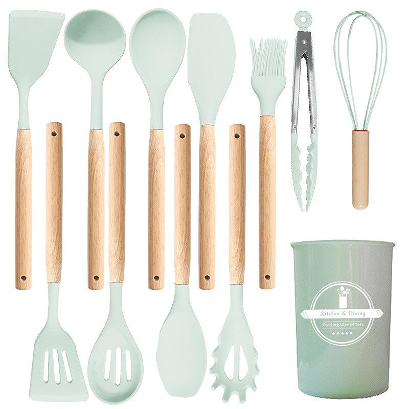 12 Pcs Wooden Handle Kitchen Utensil Set With Heat Resistant Silicone Non-Scratch And Bpa Free