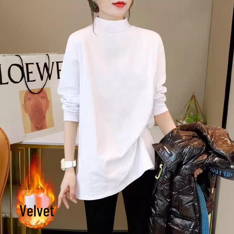 Women's Mid-Length White Cotton Long-Sleeve T-Shirt, Autumn/Winter Style, Semi-High Neck, Loose Fit, Base Layer, Covers Buttocks, Trendy Design.