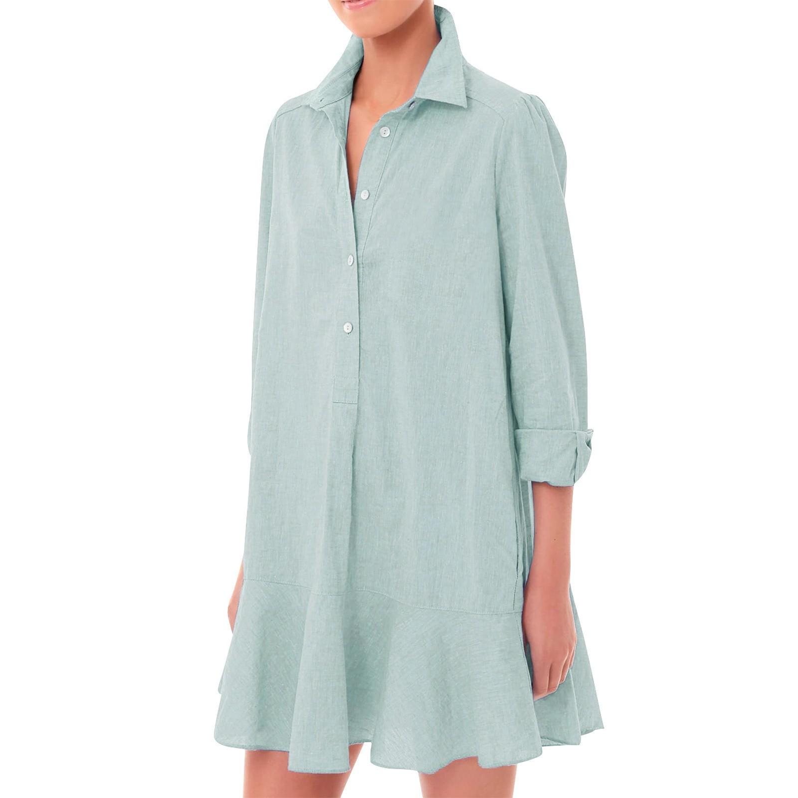 

Women s Fashion Casual Half Open Shirt Hem Ruffle Classic Button Solid Color Dresses M