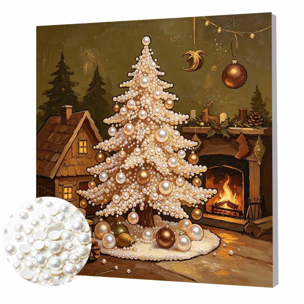 DIY Mini Framed Pearl Painting Kit Beads Canvas Home Decor Painting Christmas Tree Fireplace Holiday Ornament Gift Decoration