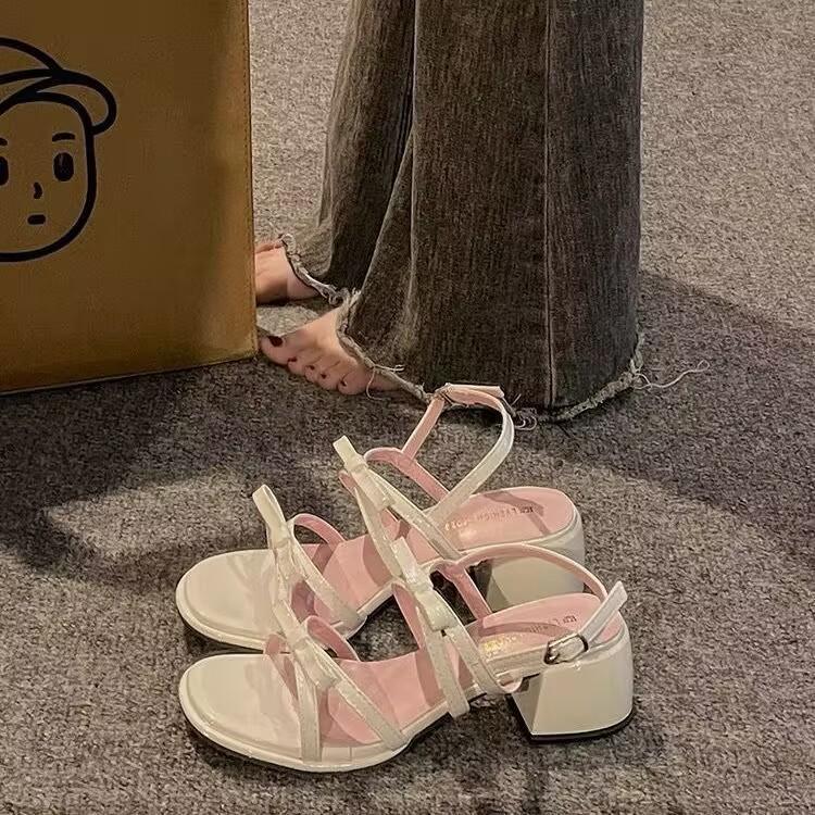 

French bow thick heel open toe sandals shoes 2025 summer new fairy wind word with sandals woman 35