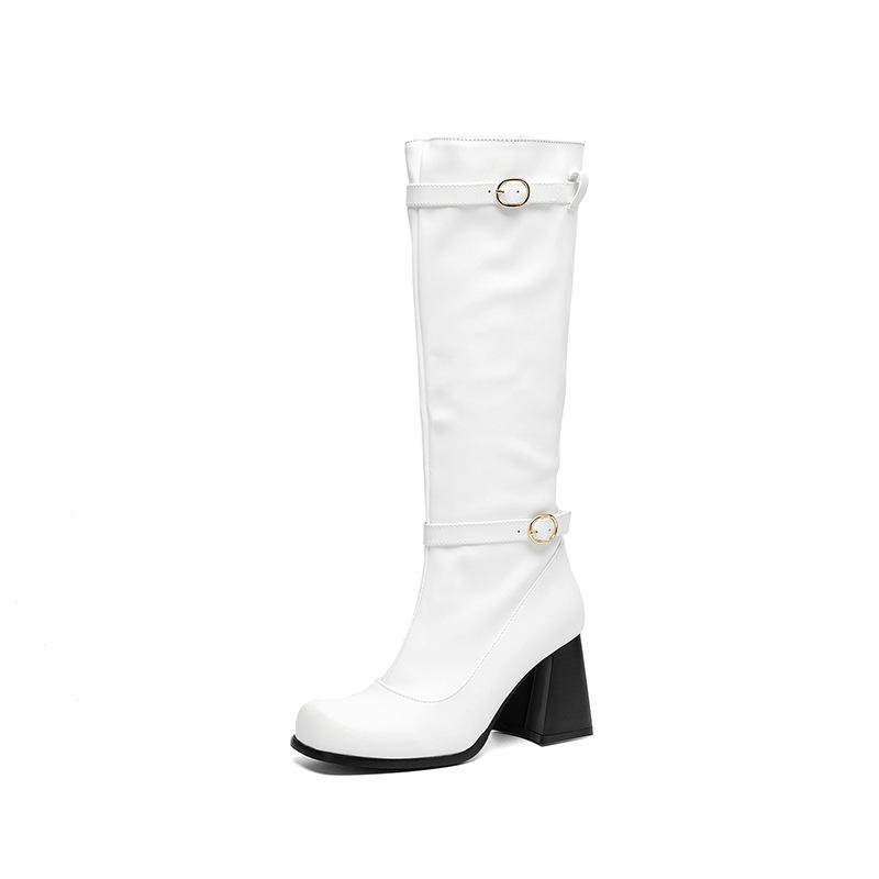 Square Head Women'S Boots Belt Buckle High Boots Thick High Heel Boots 40-44 Large Size Boots