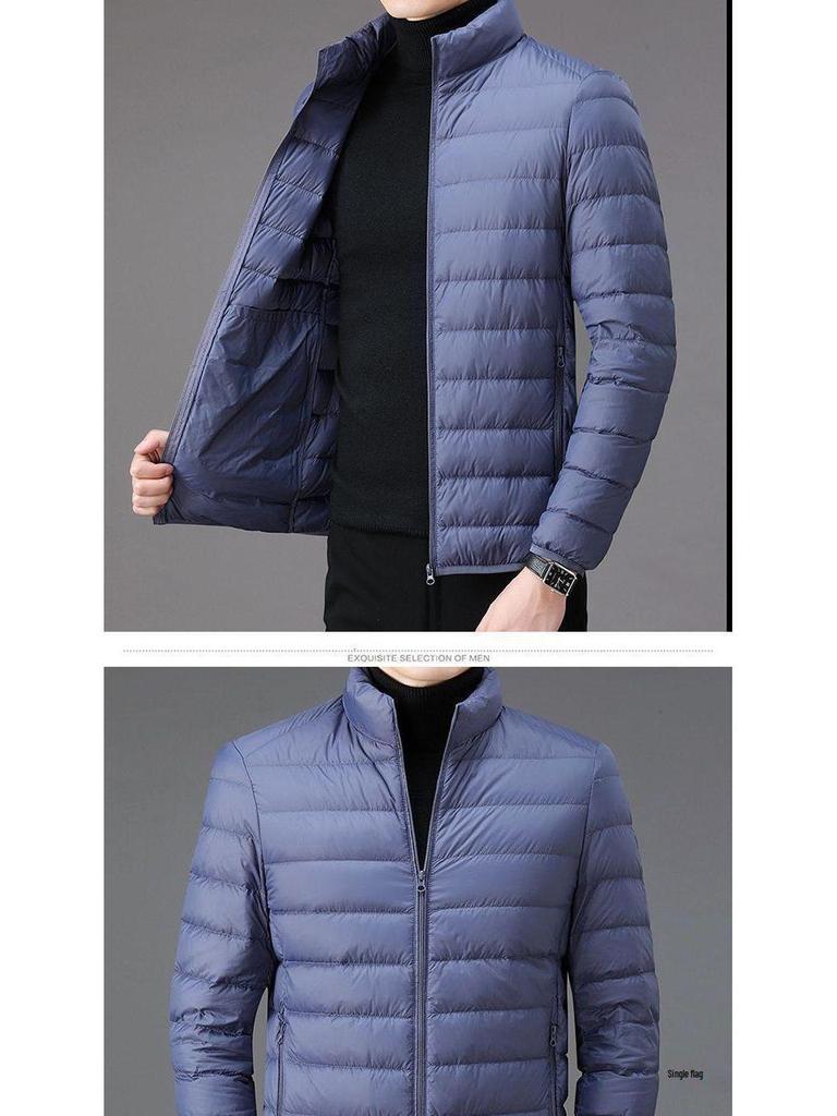 Herren Daunenjacke Slim: Kurz, Stehkragen, mit Kapuze, für Herbst und Winter