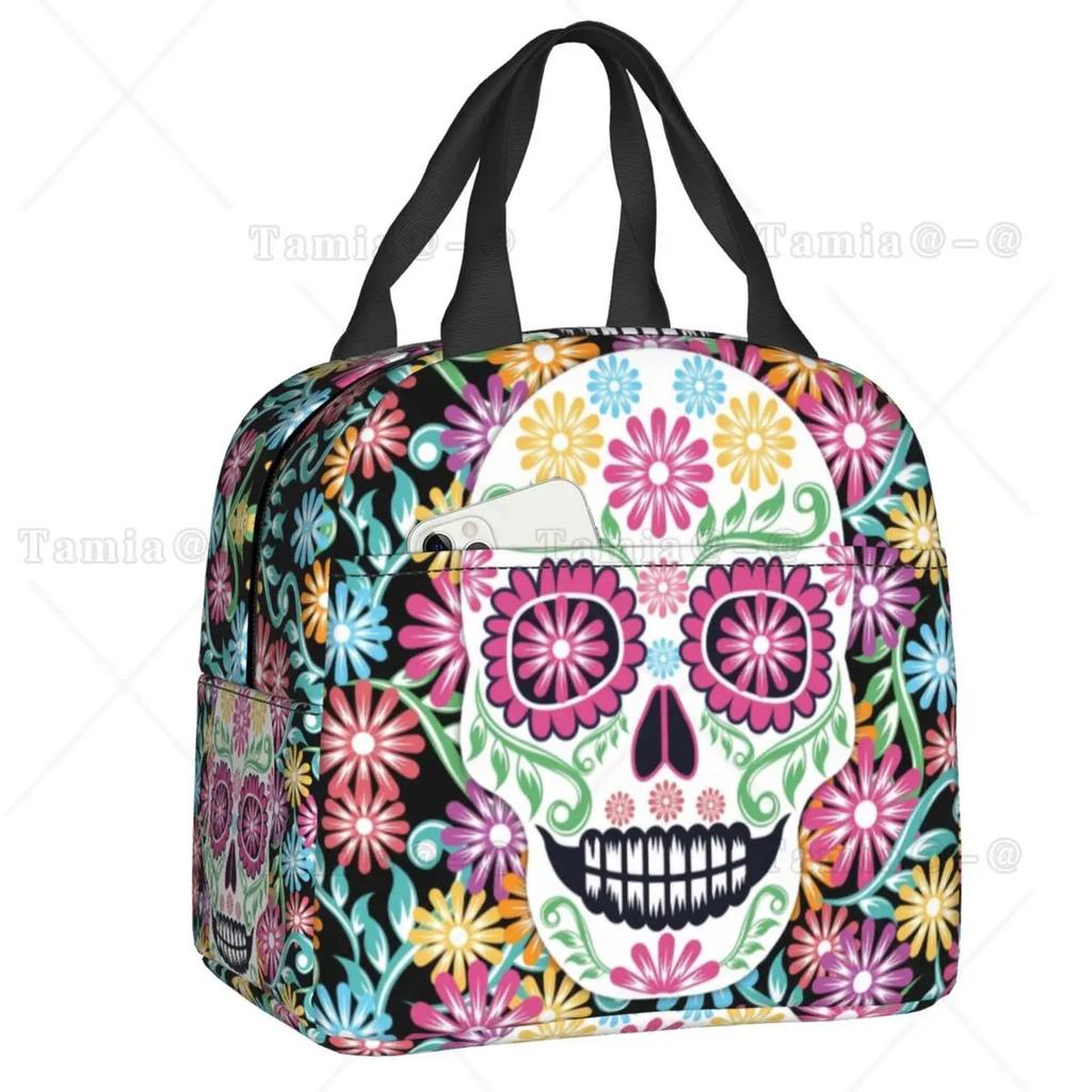 Day Of The Dead Kitten Cat Sugar Skull Lunch Box Multifunction Mexican Halloween Floral Thermal Cooler Food Insulated Lunch Bag