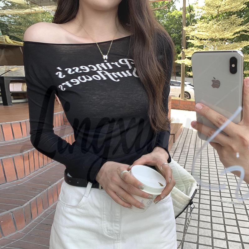 Sheer One-Shoulder Sun Protection Cover-Up Tee for Women - Summer Casual Print Top Large чёрный