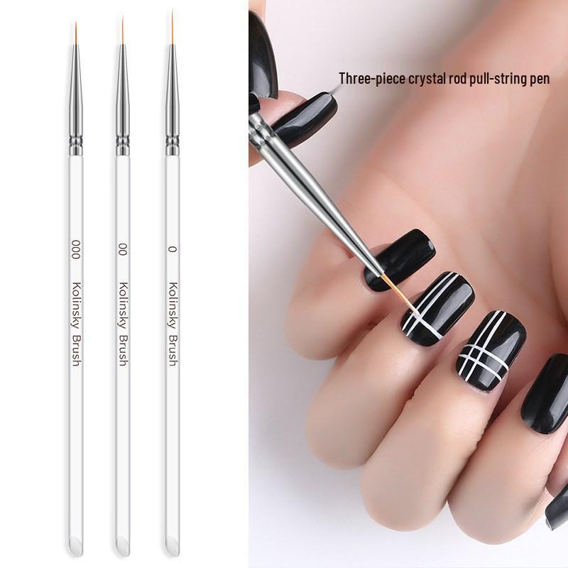 Nail Art 3-Piece Set: Transparent Crystal Handle Painting Pens, Double-Ended Liner, and Flower Design Brushes